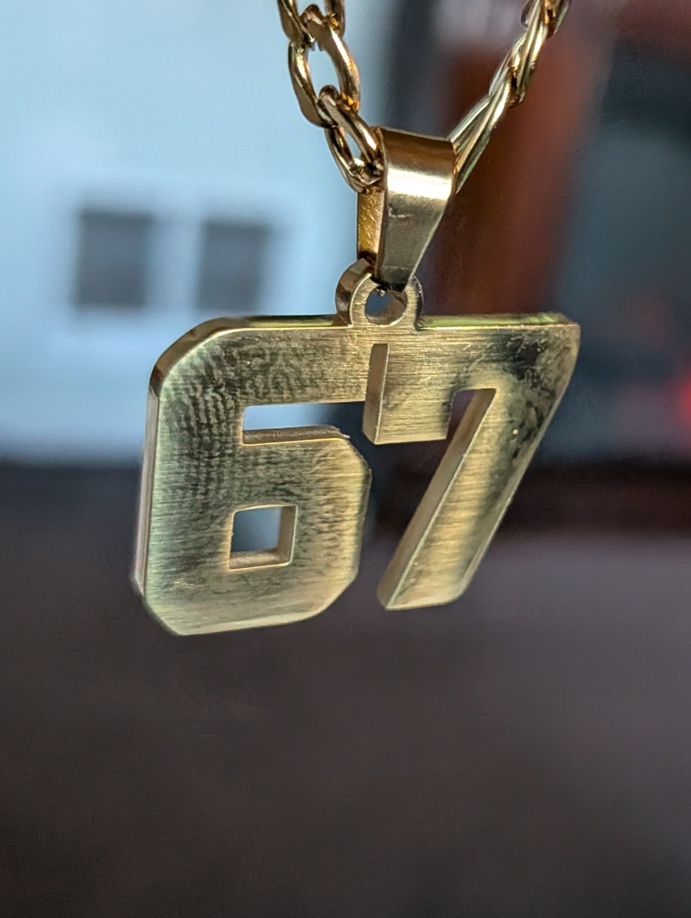 Gold-Tone '67' Number Pendant Necklace W 24 Inch Chain